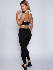 Neck Tie Backless Mdriff Baring Tight Fitting Gym Suit