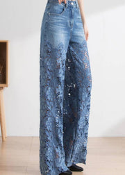 Vogue Blue Lace Patchwork Hollow Out High Waist Denim Pants