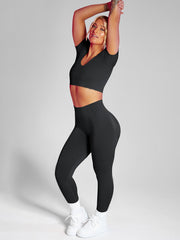 Solid Color Short Sleeves & Leggings Yoga Suit