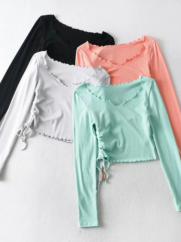 Sexy Side Drawstring Slim Stretch Long Sleeve T-Shirt