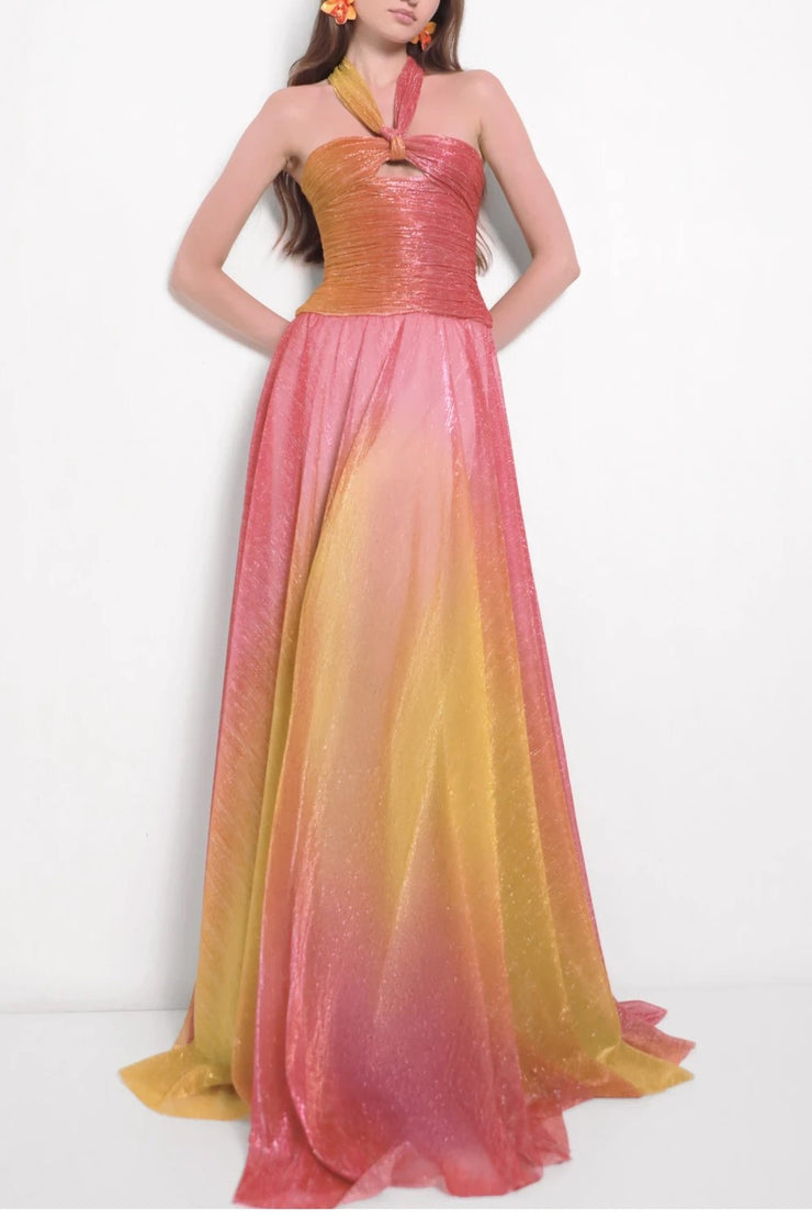 Sexy Halter Wrapped Chest Ribbon Gradient Color Dress