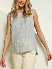 Round Neck Cotton And Linen Striped Top