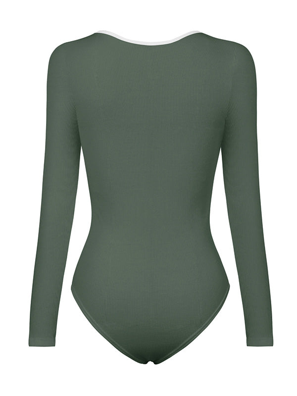 Casual Skinny Long Sleeves Contrast Color Square-Neck Bodysuits