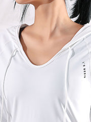 Long Sleeves Loose Yoga Tops Hooded Solid Color V-Neck Tee