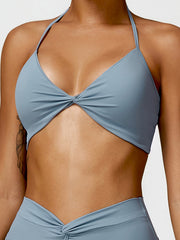 Wrap Backless Knot Solid Color Halter-Neck Sports Bra