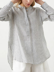 Round Neck Cotton And Linen Striped Top