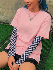 Fashion Square Plaid Sleeves T-shirt