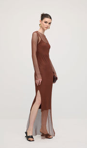 Mesh With Monochrome Lining  Maxi Dress In Coffee