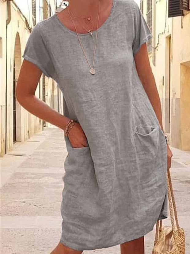 Loose Solid Color Pocket Short Sleeve round Neck Cotton and Linen Dress