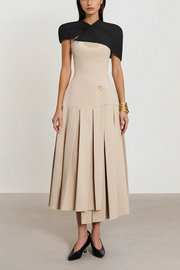 Pasha Cape Asymmetrical Pleated Midi Dress