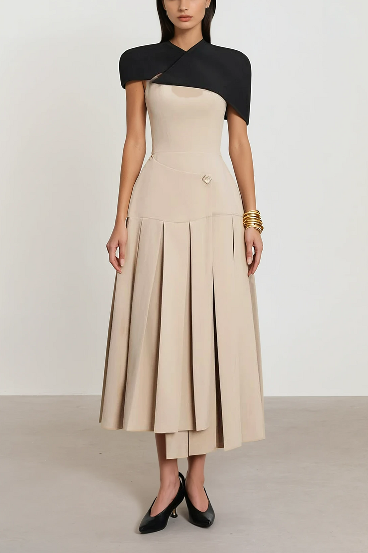 Pasha Cape Asymmetrical Pleated Midi Dress