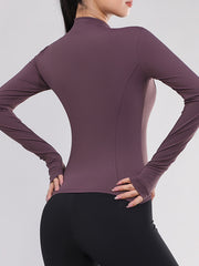 Long Sleeves Skinny Solid Color Zipper Stand Collar Yoga Tops