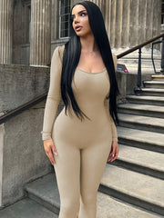 Long Sleeves Skinny Leg Backless Solid Color Jumpsuits