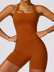 Skinny Wrap Backless Solid Color Halter-Neck Rompers