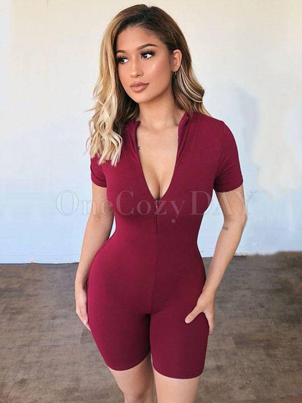 Sexy Wrap Solid Color Zipper Rompers