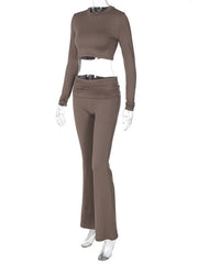 Cropped Skinny Pleated Solid Color Round-Neck Tee&Pants Suits