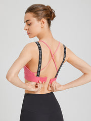 Back Cross Hollow Letter Print Solid Color Spaghetti-Neck Sports Bra