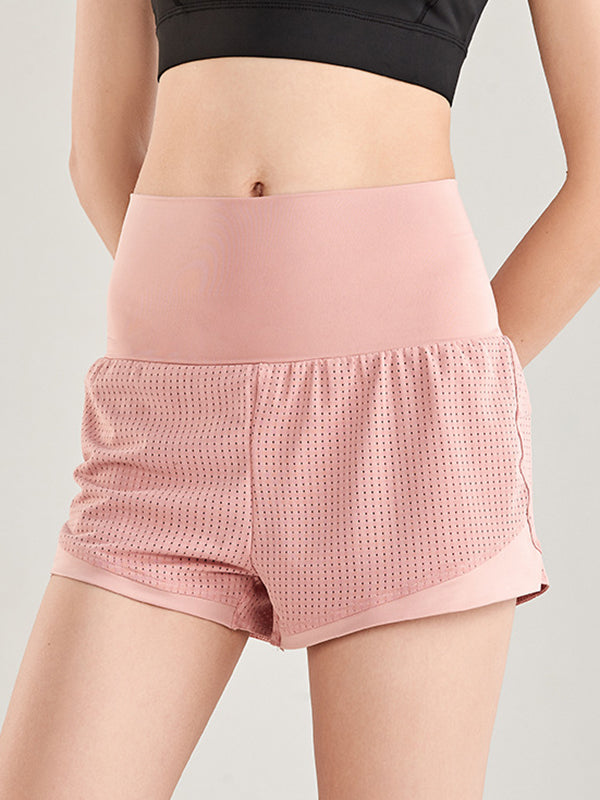 False Two Wrap Yoga Bottoms High-Waisted Pockets Solid Color Shorts