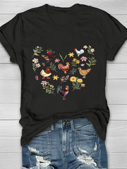 Wild Flowers And Chickens Printed Crew Neck Women's T-shirt