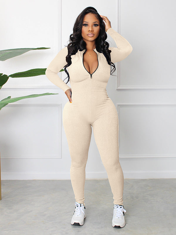 Skinny Solid Color Zipper Jumpsuits