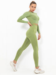 Seamless Knitting Long Sleeves Mdriff Baring Gym Suits