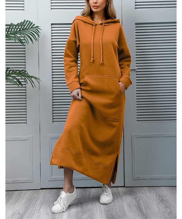 Autumn Winter New Loose Velvet Casual Fashion Big Pocket Knitted Hooded Maxi Dress