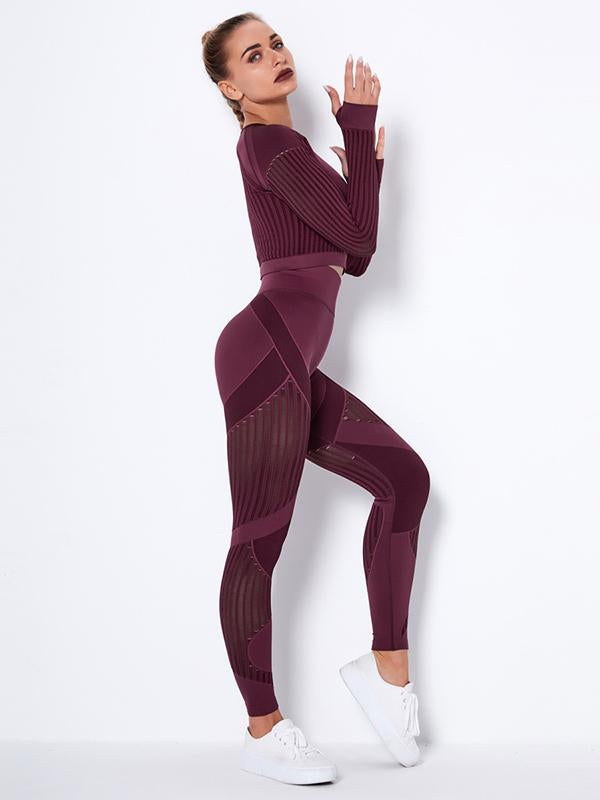 Contrast Color Long Sleeves Exposed Navel Tees&Leggings Sports Suits