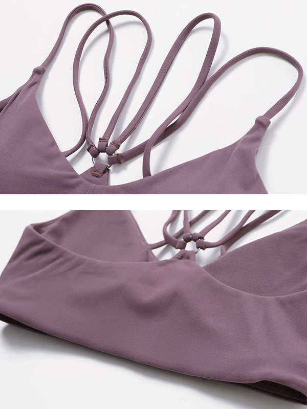 Wrap Hollow Solid Color Spaghetti-Neck Sports Bra