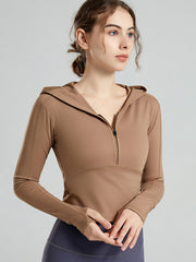 Long Sleeves Wrap Hood Solid Color Zipper V-Neck Yoga Tops