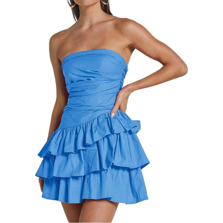 Pure Color One-Line Collar Dress Summer Women's Slim Tube Top Cake Mini Dresses