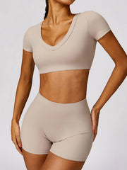 Long Sleeves Wrap Solid Color V-Neck Yoga Tops