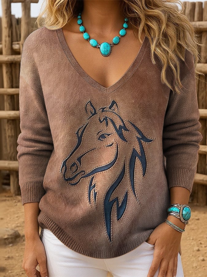 Women's Retro Western Print Drop Shoulder Sweater