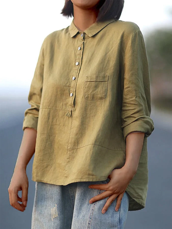 Round Neck Cotton And Linen Solid Color Top