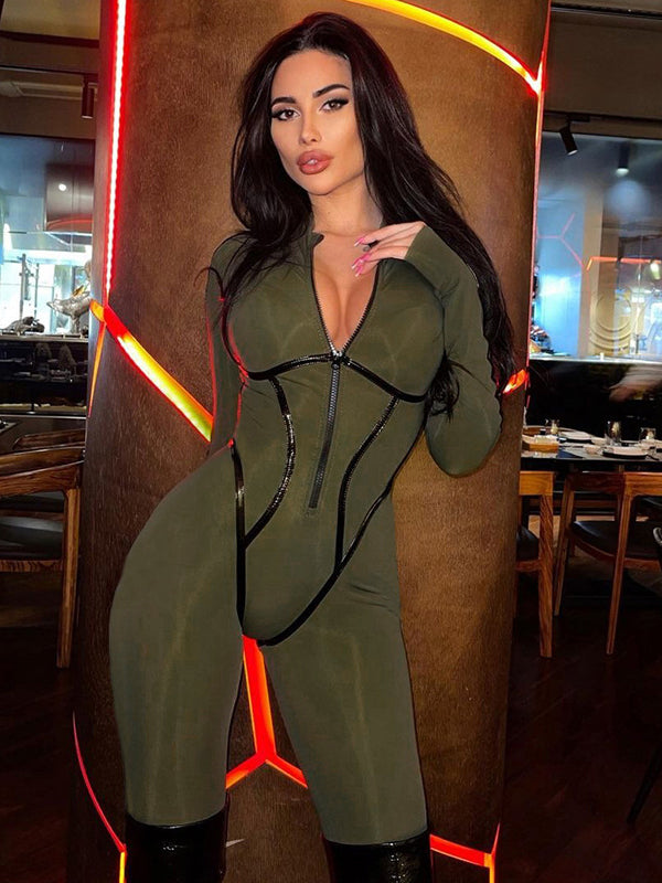 Skinny Wrap Solid Color Zipper V-Neck Jumpsuits