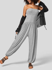 Loose Sleeveless Pleated Pockets Solid Color Tube Jumpsuits