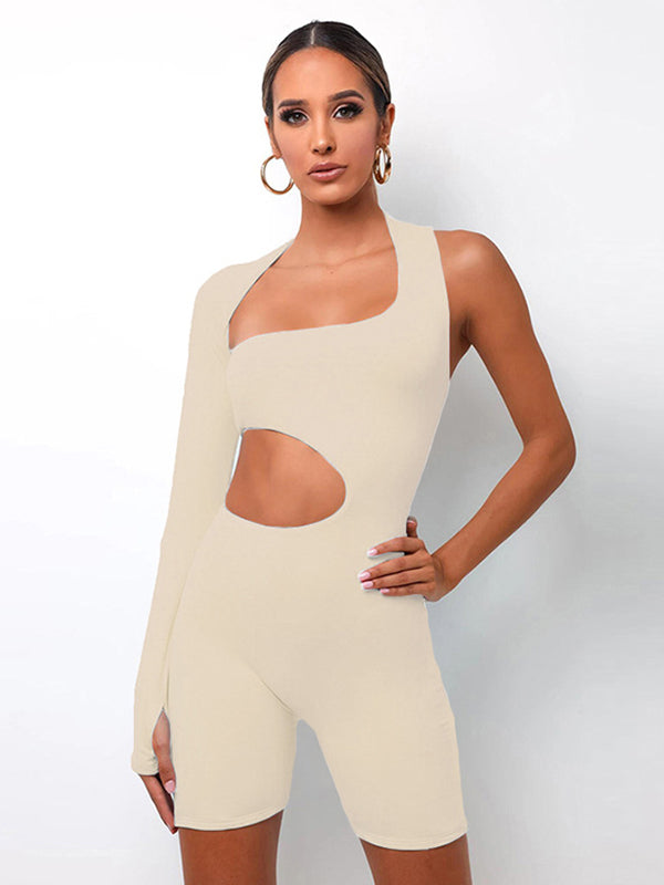 Long Sleeves Skinny Hollow Solid Color One-Shoulder Rompers