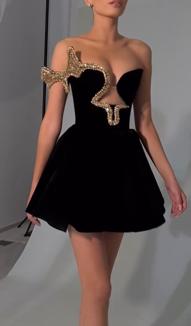 Black V-neck Rhinestone Tube Top Short Dress