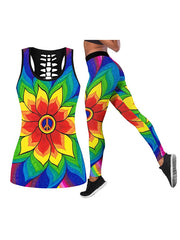 Floral Printed Hollowed Vest&Leggings Sports Suits