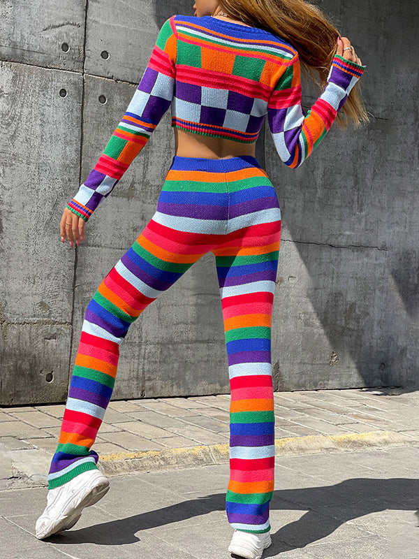 Cropped Long Sleeves Multi-Colored Round-Neck Suits