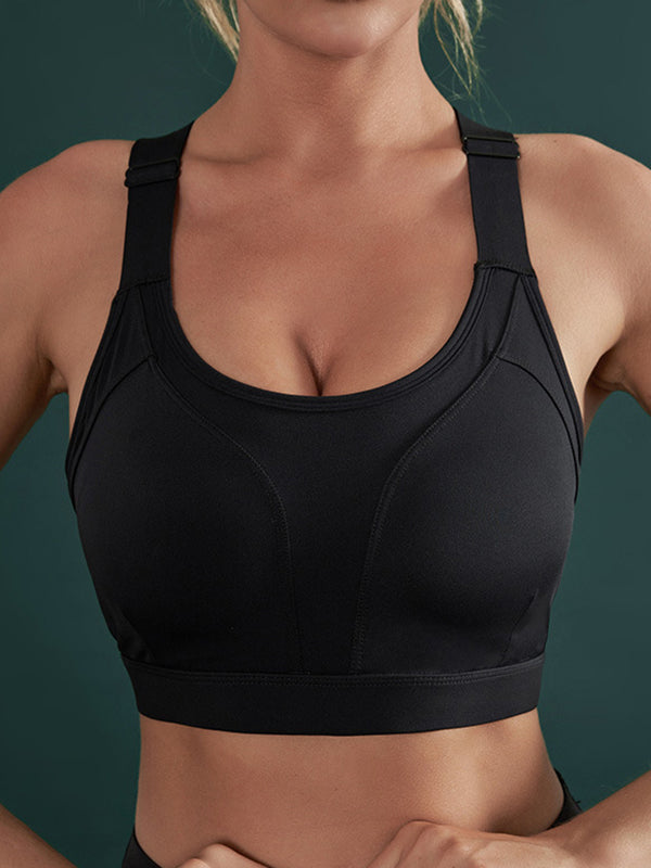 Skinny Wrap Buckle Sports Bra Elasticity Yoga Tops Hollow Solid Color Split-Joint Spaghetti-Neck Bra