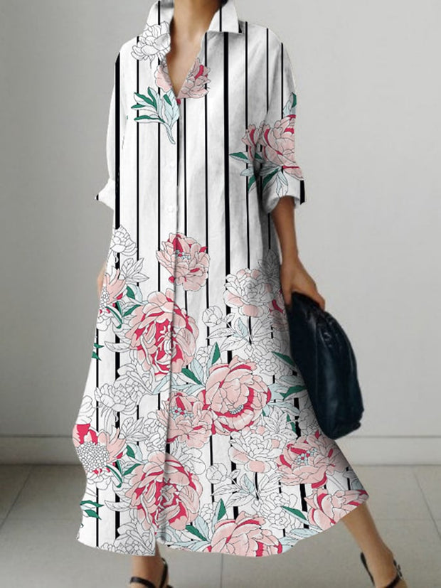 Women's Floral Stripe Printed Loose Long Sleeve Dress