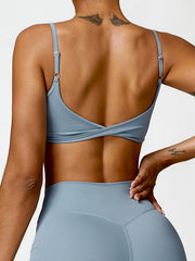 Skinny Wrap Backless Knot Solid Color Spaghetti-Neck Sports Bra