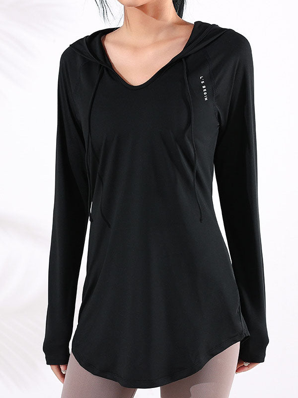 Long Sleeves Loose Yoga Tops Hooded Solid Color V-Neck Tee