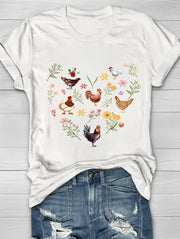 Wild Flowers And Chickens Printed Crew Neck Women's T-shirt