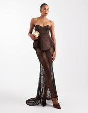 Sexy Sleeveless Cold-Shoulder Tube Top Stitching Lace Dress