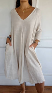 Cotton and Linen V-neck Comfortable Dress