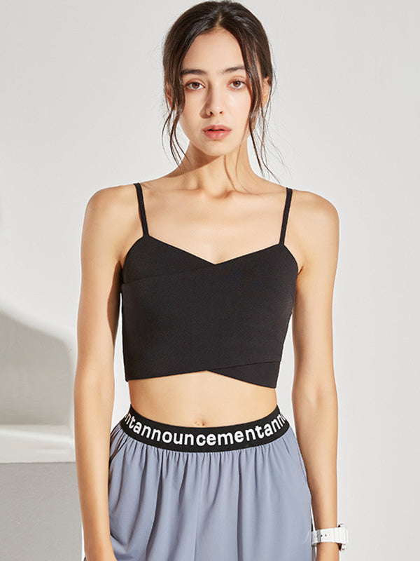 Detachable Hollow Solid Color Spaghetti-Neck Sports Bra