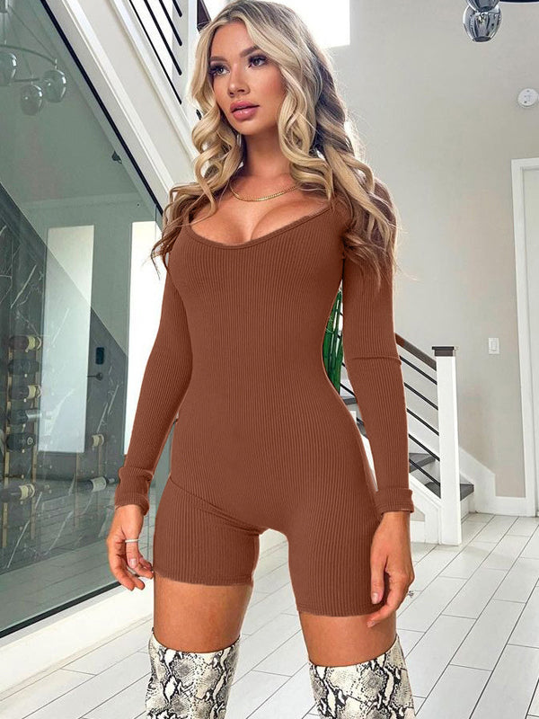 Long Sleeves Skinny Solid Color U-Neck Rompers