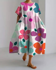 Contrast Color Flower Casual Loose Short Sleeve Cotton Linen Dress