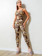 Spaghetti-Neck Camouflage High-Waisted Tight Yoga&Gym Suits